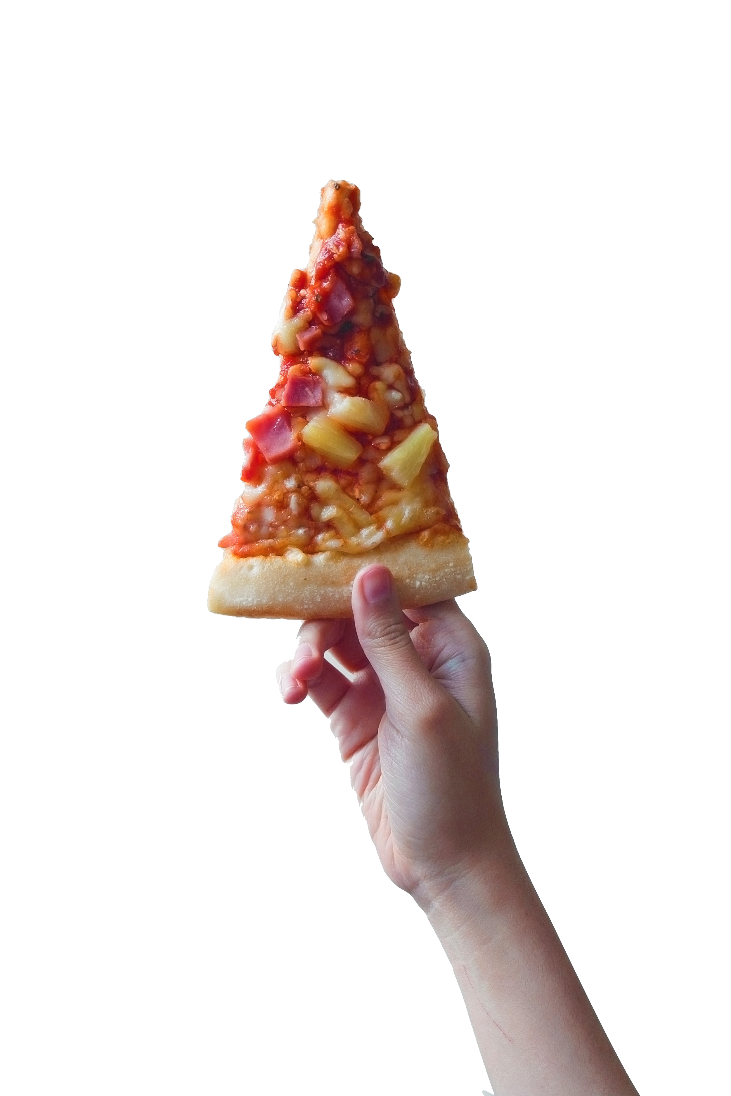 hand holding piece of pineapple pizza